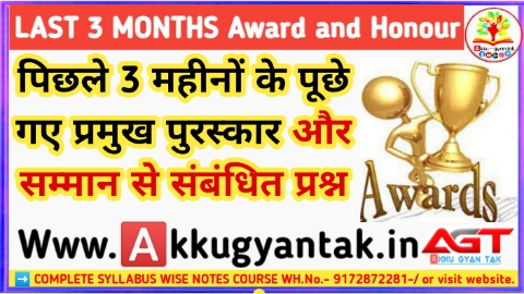पिछले 3 महीनों के प्रमुख पुरस्कार और सम्मान से संबंधित प्रश्न by akku gyan tak