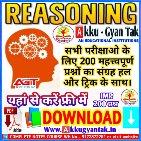 Reasoning 200 MCQ practice set with solutions | प्रतियोगी परीक्षाओं के लिए रिजनिंग के महत्वपूर्ण 200 प्रश्नों का संग्रह – Reasoning-200-questions-practice-set- 1-by-Akku-Gyan-Tak-.pdf